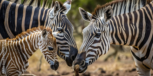 Striking black and white zebra family portrait, capturing the bond of love and protection in the wild.  