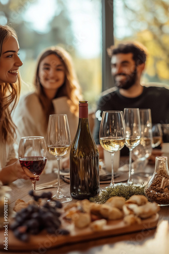 A high-resolution brightly lit photorealistic candid photograph of: wine tasting party with friends in a living room. The photograph is styled like a high-end lifestle magazine.