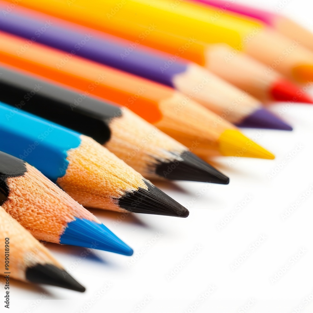 A vibrant arrangement of colored pencils showcasing a spectrum of bright hues against a clean white background. A vibrant arrangement of colored pencils showcasing a spectrum of bright hues against a clean white background.