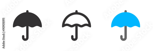 Umbrella icon. Protection parasol symbol. Rain weather signs. Season symbols. Rainy icons. Black, flat color. Vector isolated sign. Travel parasol with handle vector sign. Open umbrella for rain