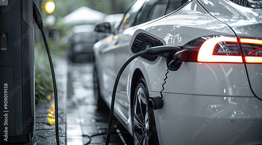 EV car in charge with EV charging plug, white color theme. close-up shot. Generative AI.