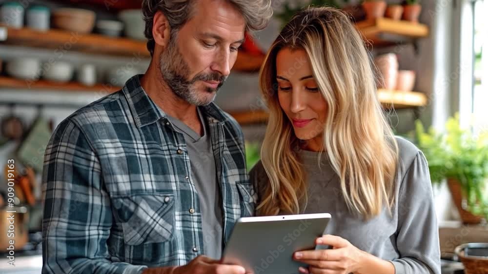 An interior designer consults with a couple in the dining room using a digital tablet.
An interior designer consults with a couple in the dining room using a digital tablet.