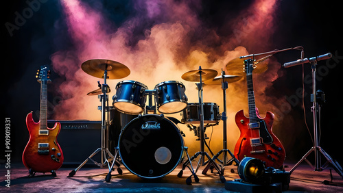 A drum set is surrounded by colorful smoke, creating a vibrant photo