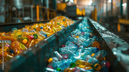 Conveyor belt with numerous plastic bottles in a recycling facility, highlighting waste management and environmental conservation efforts.