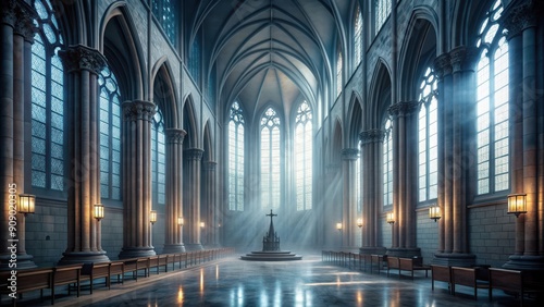 Foggy interior of gothic chapel with tall windows  columns  and eerie ambiance  Foggy  Hall  Interior  Gothic  Ancient