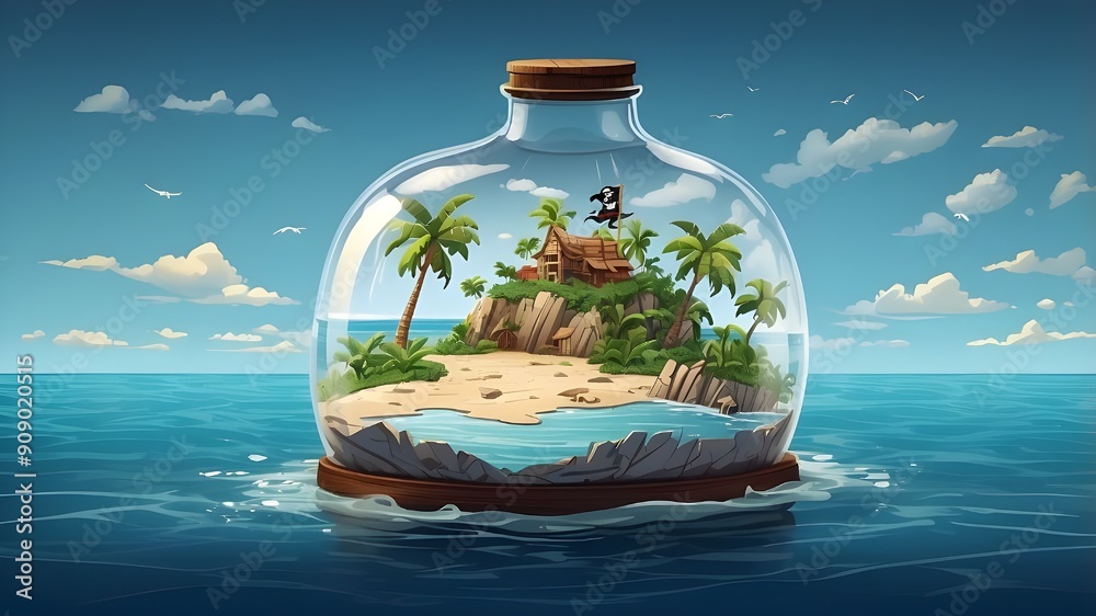 A paper letter or pirate treasure map is enclosed in a glass bottle that is floating toward an empty island in a tropical seascape depicted in a vector artwork. three-dimensional drawing A paper letter or pirate treasure map is enclosed in a glass bottle that is floating toward an empty island in a tropical seascape depicted in a vector artwork. three-dimensional drawing