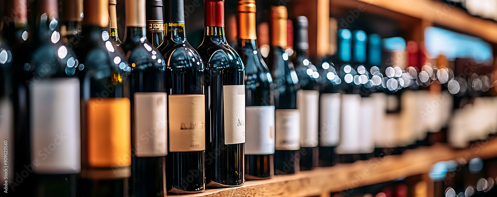 Wine cellar full of wine bottles. Bottles with wine on shelf in the wine bar bluured background