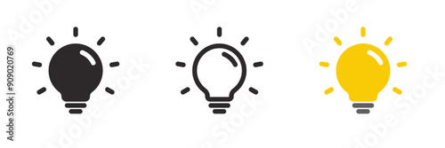 A set of light bulb icon on white background. Idea symbol. Electric lamp, light, innovation, solution, creative thinking, electricity. Outline, flat and colored style. Flat design.