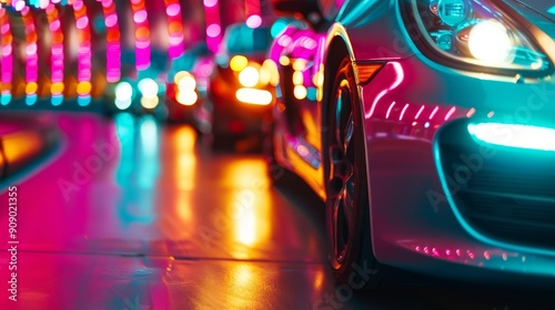 Closeup of a car with neon lights reflecting on the body