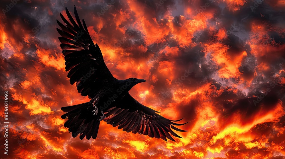 Obraz premium Silhouette of a bird in flight with a sunrise and cloud scene merging within its wings