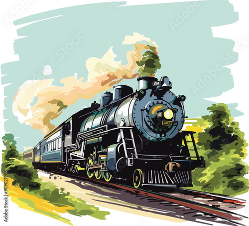 colorful train steam locomotive Illustration,generative ai