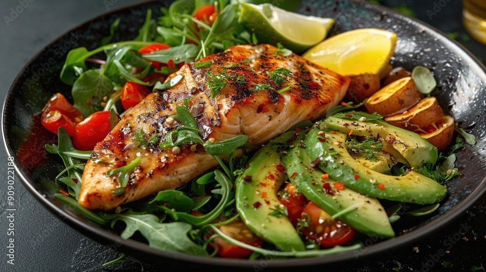 Grilled Salmon Salad with Avocado, Cherry Tomatoes, and Lemon - Food Photography Grilled Salmon Salad with Avocado, Cherry Tomatoes, and Lemon - Food Photography