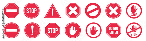 Set stop red sign icon with white hand, do not enter. Warning stop sign. Safety visual, symbol with white hand, traffic sign, red traffic, forbidden sticker, notify driver, road sign