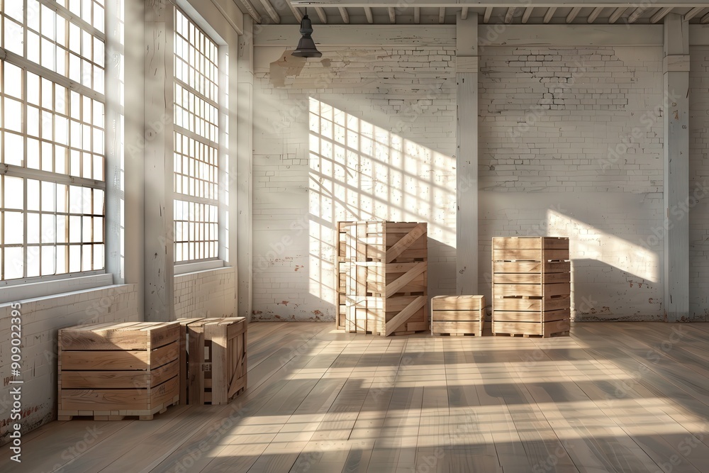 Sunlight streams through large windows in an empty industrial loft space, illuminating wooden crates on the floor. Sunlight streams through large windows in an empty industrial loft space, illuminating wooden crates on the floor.