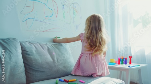 The child drawing on wall