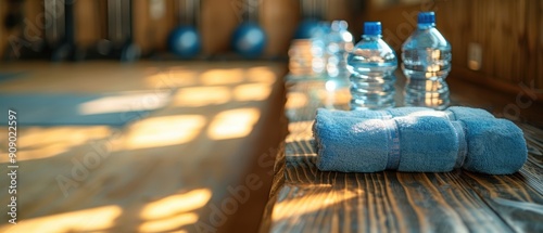 Roll of cleaning paper in a gym, placed on a counter next to water bottles and gym equipment.  photo