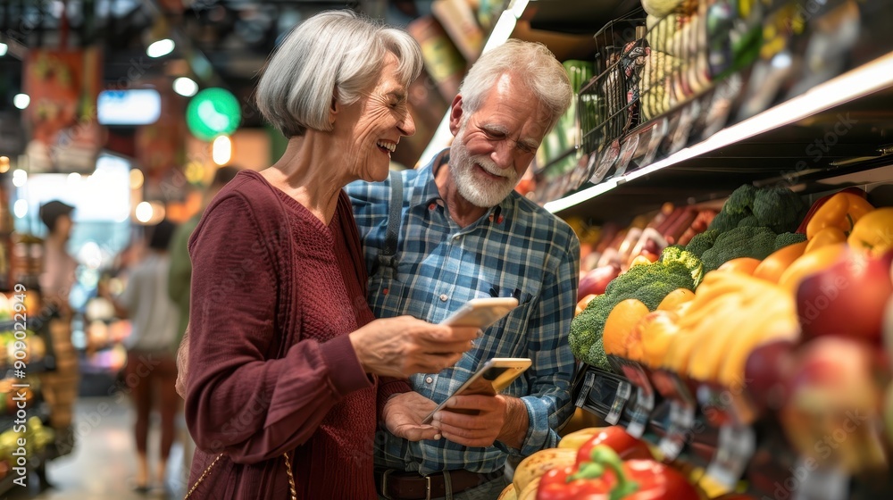 An elderly couple shares a joyful moment while choosing fresh produce at a local grocery store An elderly couple shares a joyful moment while choosing fresh produce at a local grocery store