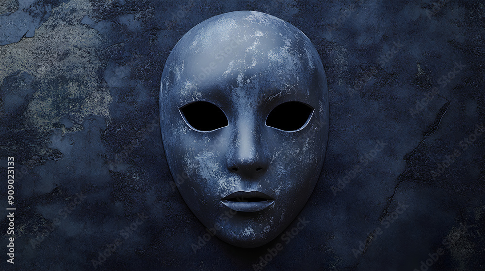 A smooth, gray mask with black eyes and no mouth is hanging on the wall of an old, dark room. A smooth, gray mask with black eyes and no mouth is hanging on the wall of an old, dark room.
