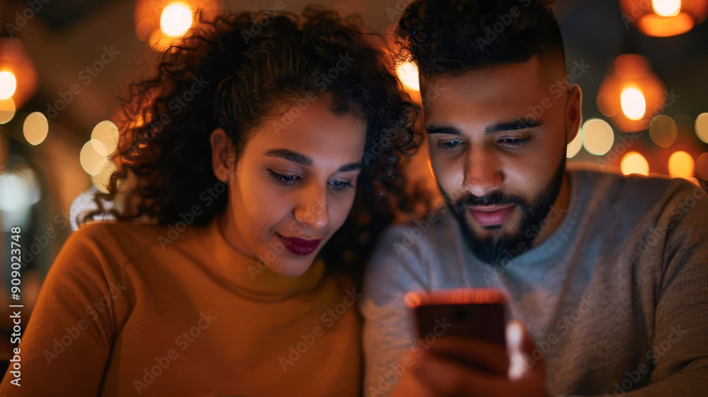 Couple looking at a smartphone together in a cafe. Couple looking at a smartphone together in a cafe.