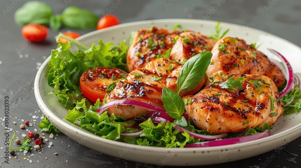 Grilled Salmon with Salad, Red Onion, and Basil - Food Photography Grilled Salmon with Salad, Red Onion, and Basil - Food Photography