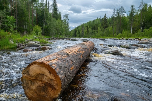 ai generative riverside tree log, washed into the river