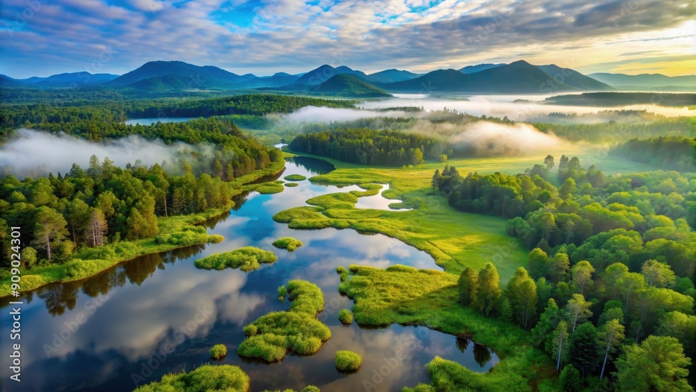 Aerial view of lush wetland surrounded by forests and misty mountains, wetland, aerial view, green, waterways, forests Aerial view of lush wetland surrounded by forests and misty mountains, wetland, aerial view, green, waterways, forests