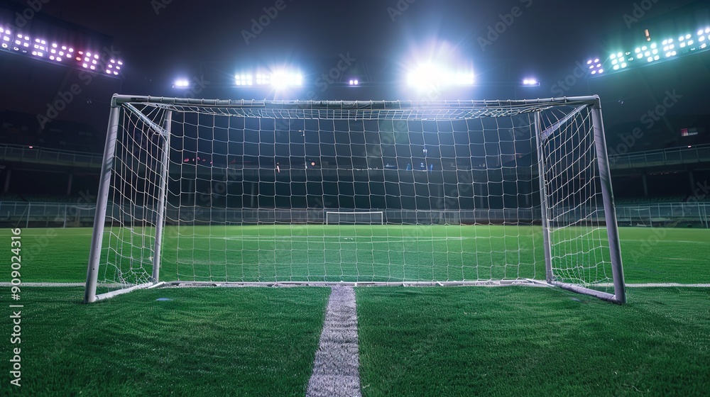 Fototapeta premium Night View of Football Stadium from Goal Post