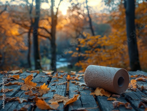 Roll of cleaning paper on a picnic table outdoors, with a scenic park or forest in the background. photo