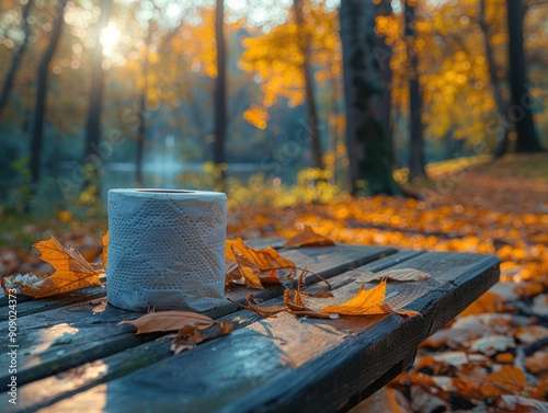 Roll of cleaning paper on a picnic table outdoors, with a scenic park or forest in the background. photo