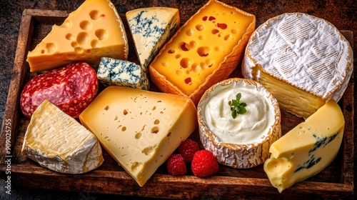 A delicious assortment of gourmet cheeses served on a wooden platter, featuring various textures and colors, perfect for any occasion.