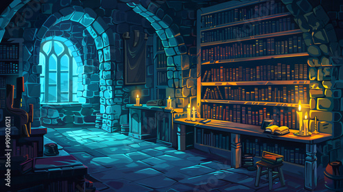Ancient library interior with large bookshelves  desks  and a stone wall with a large window illuminated by candlelight