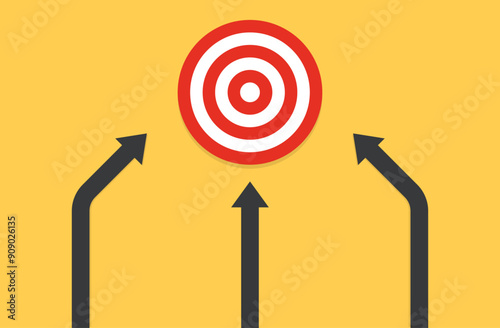 Many arrows moving to one goal, different plans. Backup plan. Vector illustration in flat design. Three different arrows moving to one target. Fork of three ways. arrows pointing to one target. eps10
