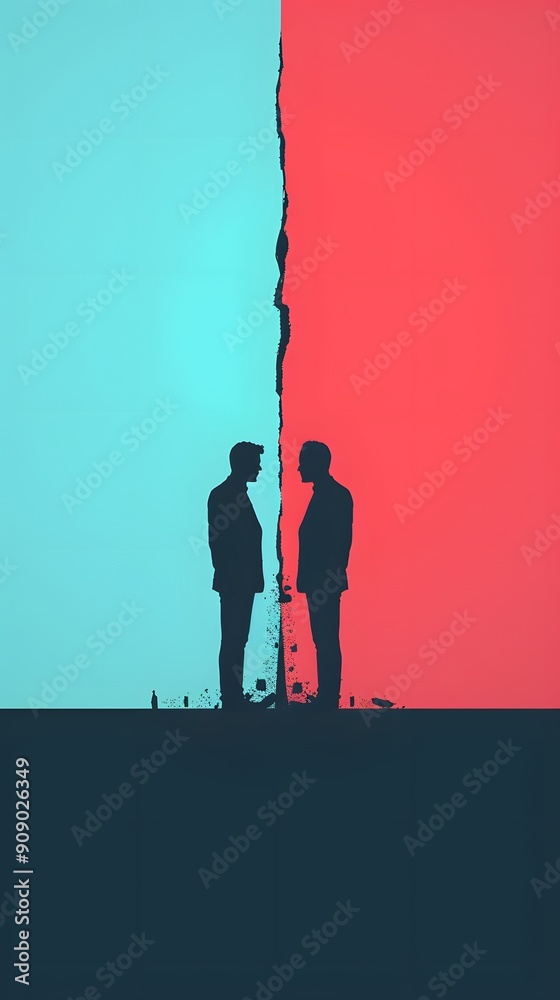 Two men stand facing each other, separated by a crack in a wall that divides blue and red backgrounds. Two men stand facing each other, separated by a crack in a wall that divides blue and red backgrounds.