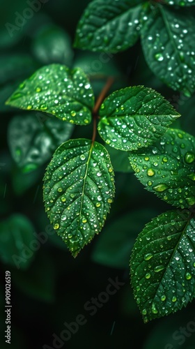 Rain falling on a leafy plant, close-up, vibrant green colors, high definition. 