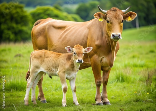 cow and calf go looking at the camera