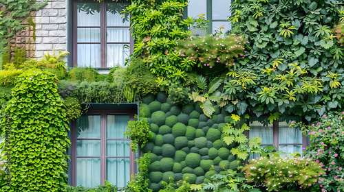 Green, brown, white, and a stone wall covered in lush greenery, creating a tranquil and natural atmosphere, perfect for a home or garden design concept. 