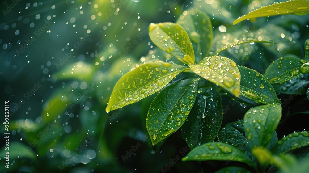 Rain falling on a leafy plant, close-up, vibrant green colors, high definition. Rain falling on a leafy plant, close-up, vibrant green colors, high definition.