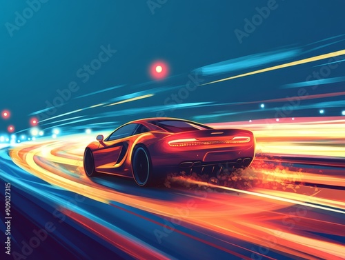 High-Performance Red Sports Car Speeding on a Luminous Night Road