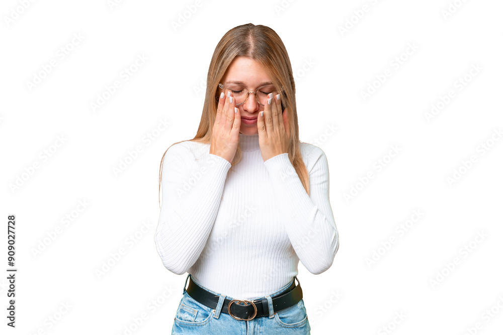 Young pretty blonde woman over isolated chroma key background with tired and sick expression Young pretty blonde woman over isolated chroma key background with tired and sick expression