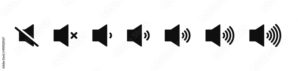 Sound volume icons set with different signal levels on white background. Аn icon that increases and reduces the sound. Sound icon, volume symbol, speaker sign, audio control icon set. Sound volume icons set with different signal levels on white background. Аn icon that increases and reduces the sound. Sound icon, volume symbol, speaker sign, audio control icon set.