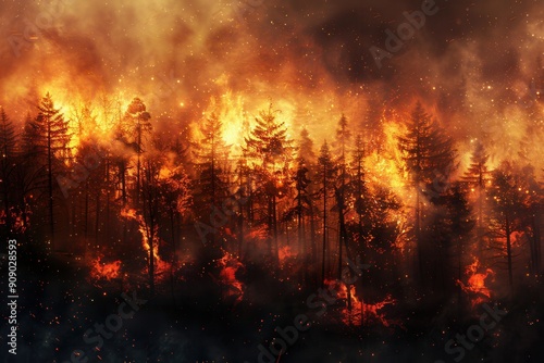 A forest is engulfed in flames, with bright fires consuming trees and dark smoke swirling in the air, creating a scene of destruction and chaos. Generative AI