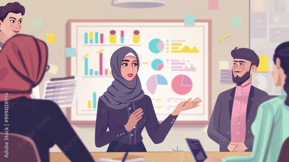 Young Muslim woman in hijab doing business meeting presentation with her co-workers in the office, design illustration. Young Muslim woman in hijab doing business meeting presentation with her co-workers in the office, design illustration.