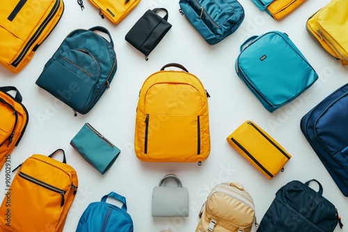 lay out of colorful backpacks for travel or school