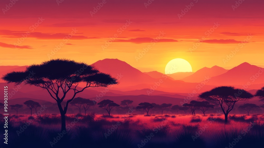 Fototapeta premium Sunset Over Silhouetted Trees and Mountains in a Grassy Field