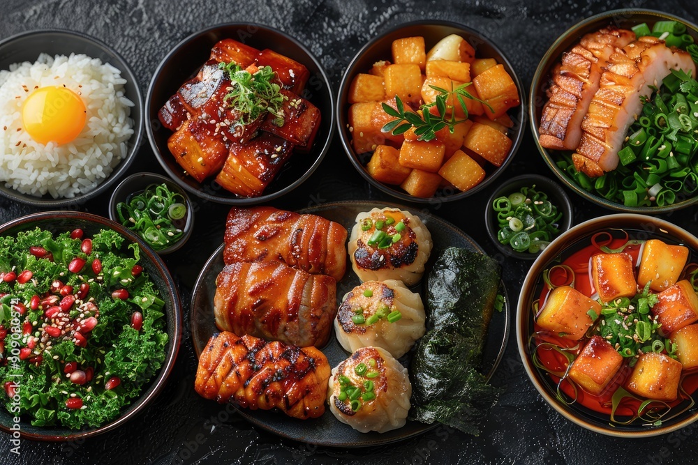Assorted Japanese Dishes with Grilled Fish, Vegetables, and Dumplings Assorted Japanese Dishes with Grilled Fish, Vegetables, and Dumplings