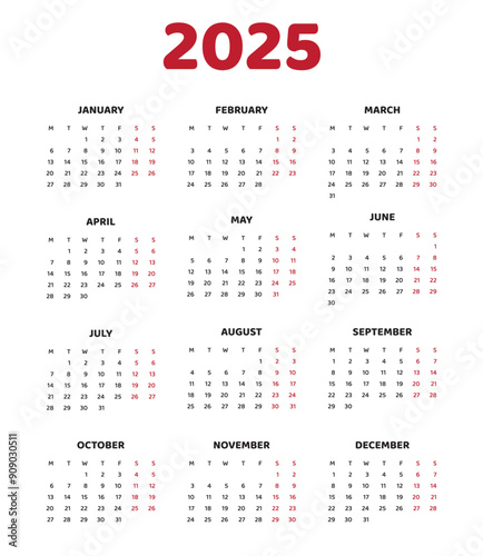 simple 2025 english calendar grid, monday first, two weekends. Corporate or business calendar. English vector calendar layout. Annual vertical calendar in English for the year 2025 with 12 months.