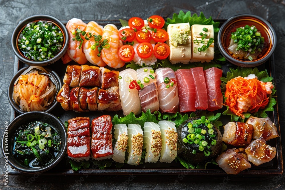 Assorted Sushi and Side Dishes on a Black Plate Assorted Sushi and Side Dishes on a Black Plate