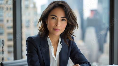 confident latin female business executive wearing navy blue suit with a white blouse posing in New York office building