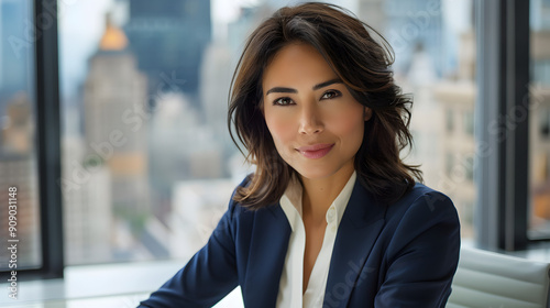 Professional fashionable latin female business executive wearing navy blue suit with a white blouse posing at  her desk in office