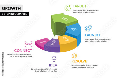 5 Step 3D Arrow Stair Infographic Vector Illustration. Business Growth Projection Infographic Concept.